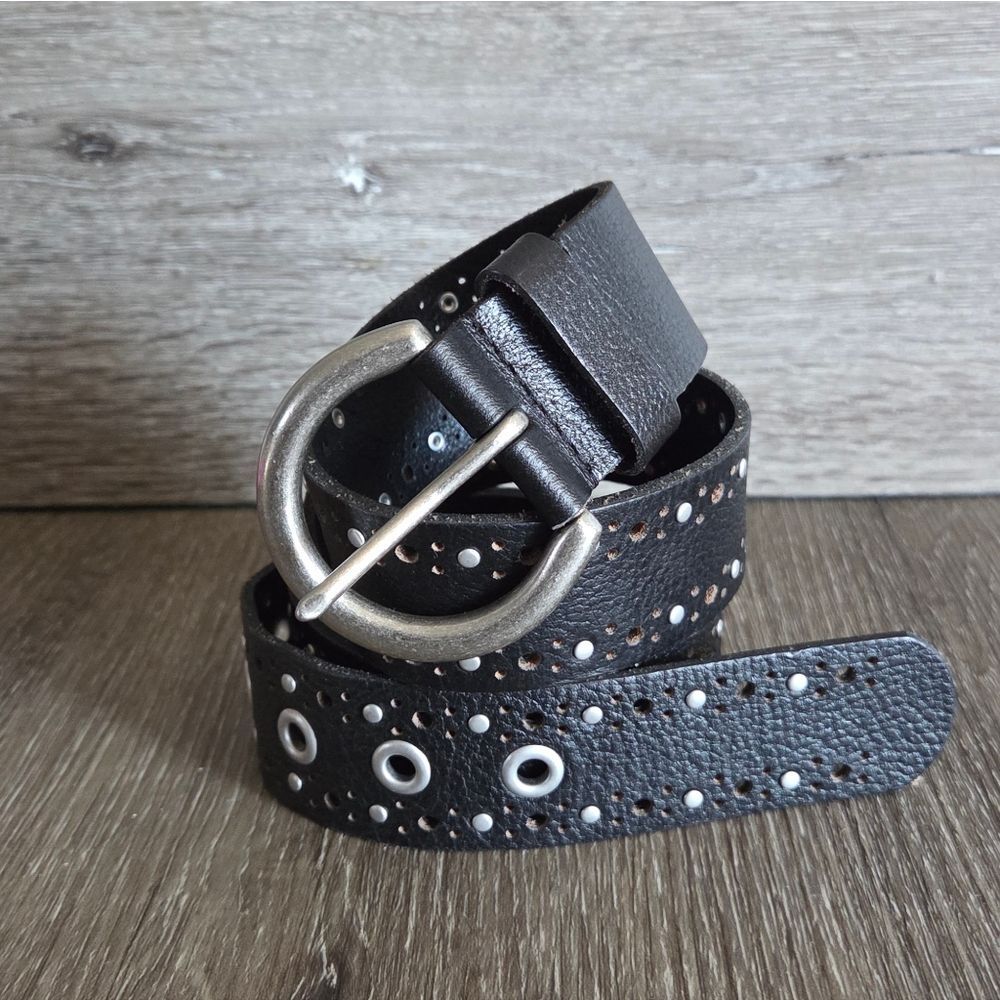 Studded Perforated Black Leather Belt with Silver Buckle XL